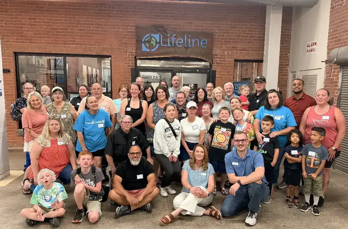 SOJO Church gathered outside Lifeline Christian Mission at Gibson Mill