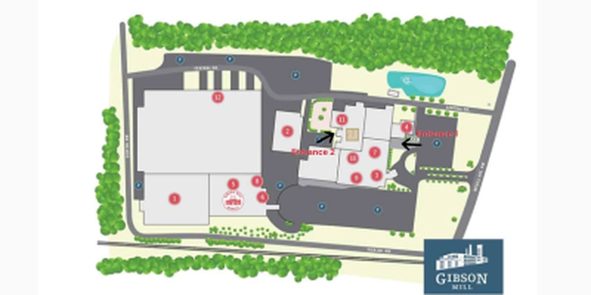 Site map of Gibson Mill showing the SOJO parking areas and main entrance