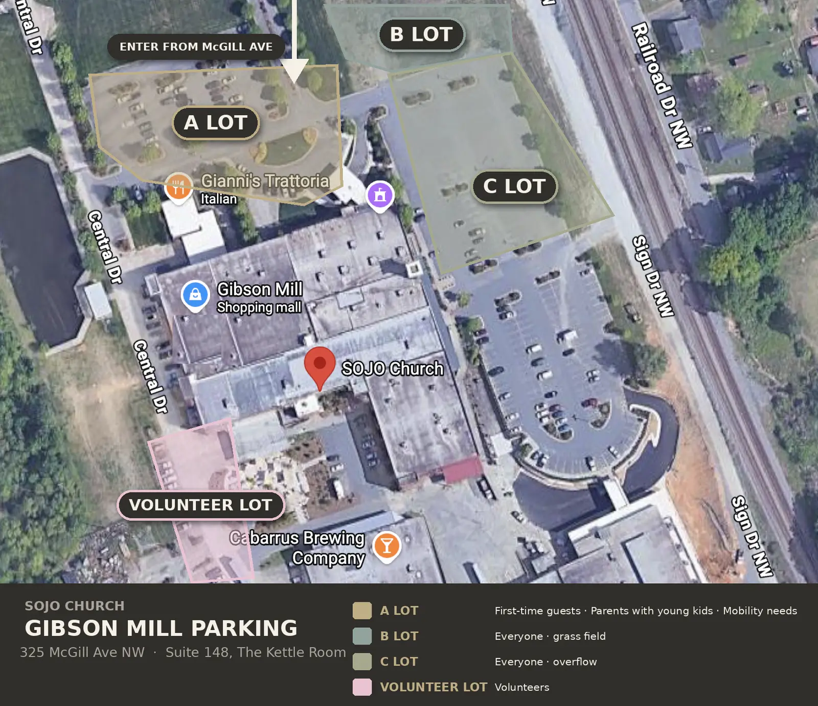 SOJO parking map for Gibson Mill showing the A, B, C, and volunteer lots off McGill Ave