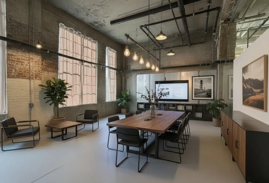 Rendering of a gathering space with brick walls and long tables