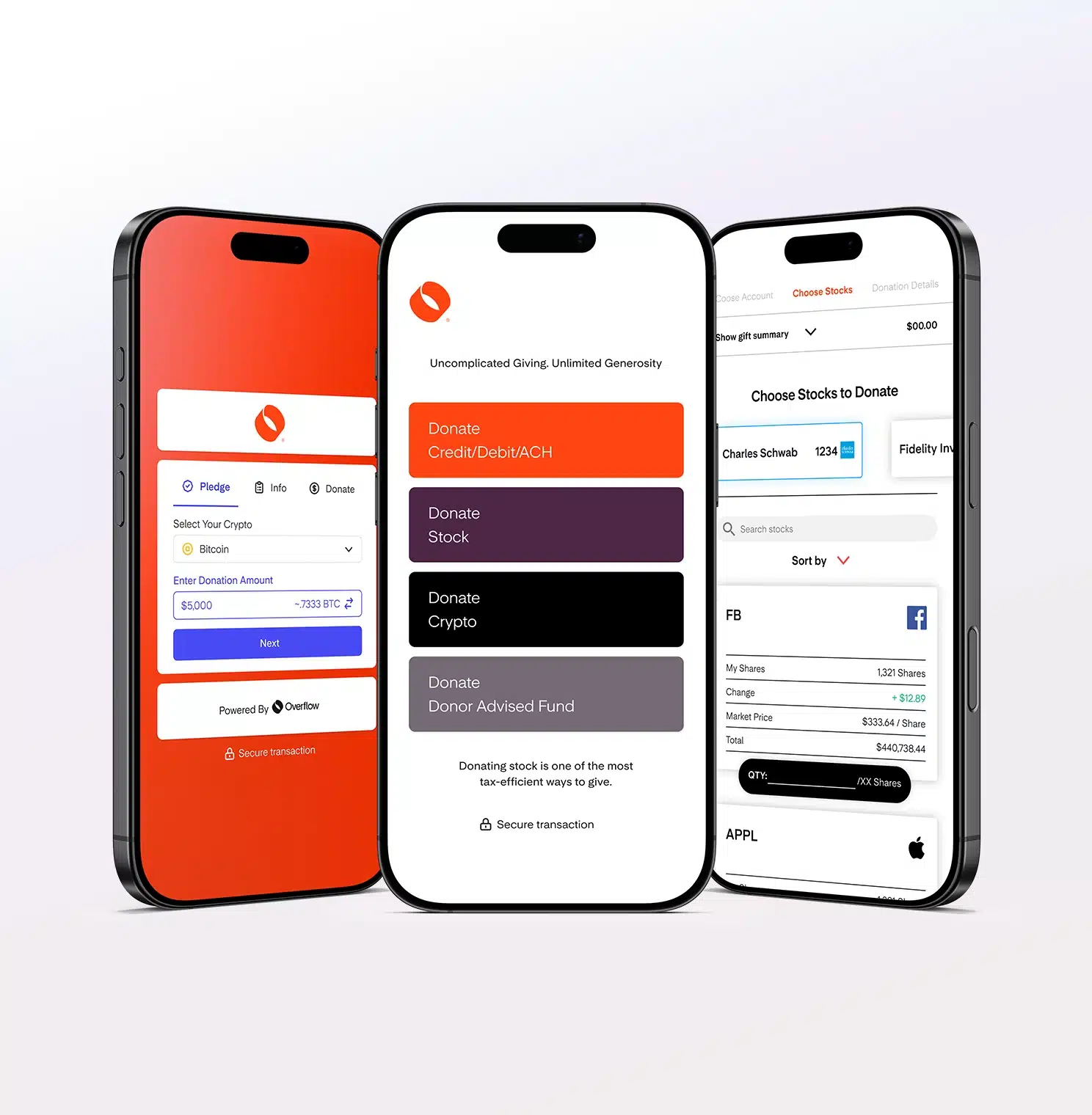 Mobile screens with donation options.