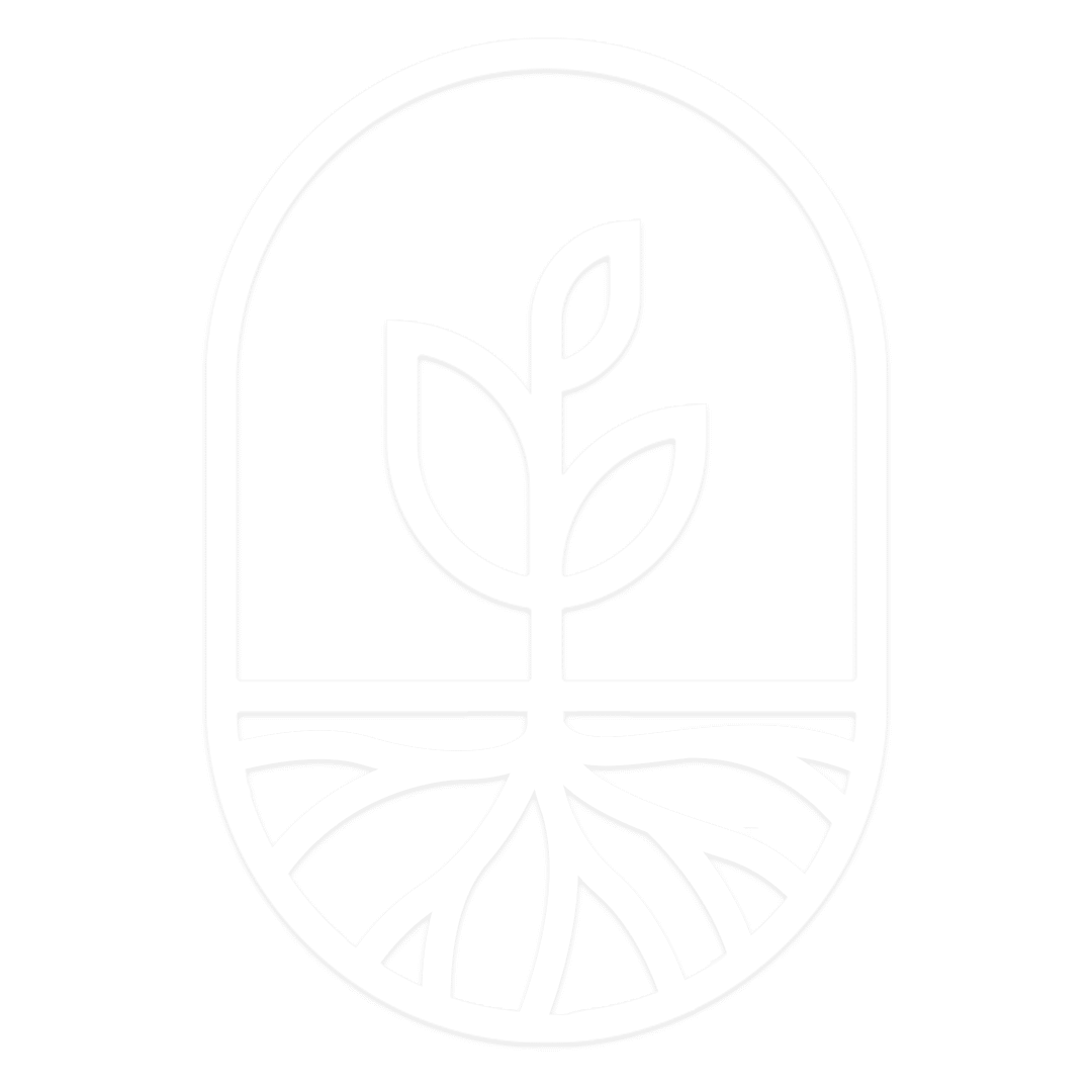 Stylized plant with roots inside an oval frame.