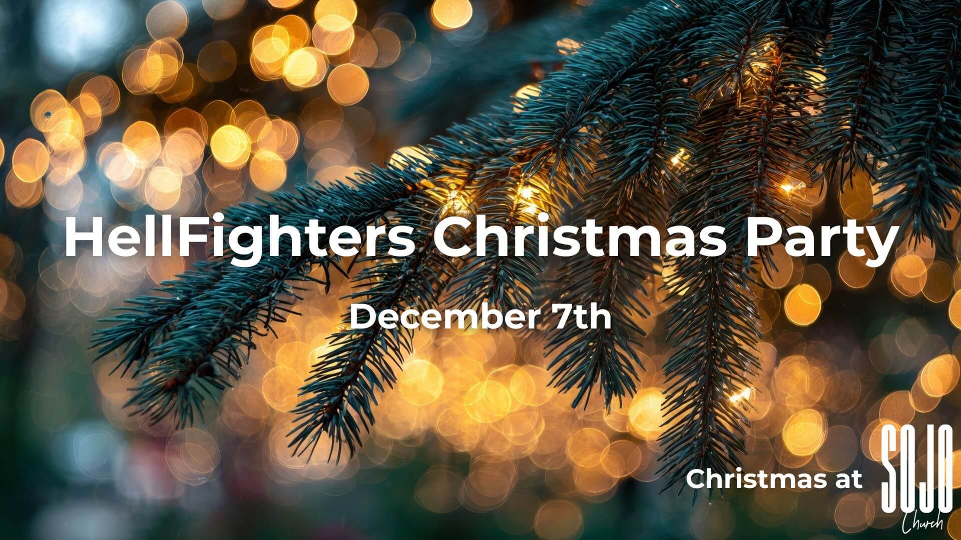 Christmas party invitation with festive lights and pine.