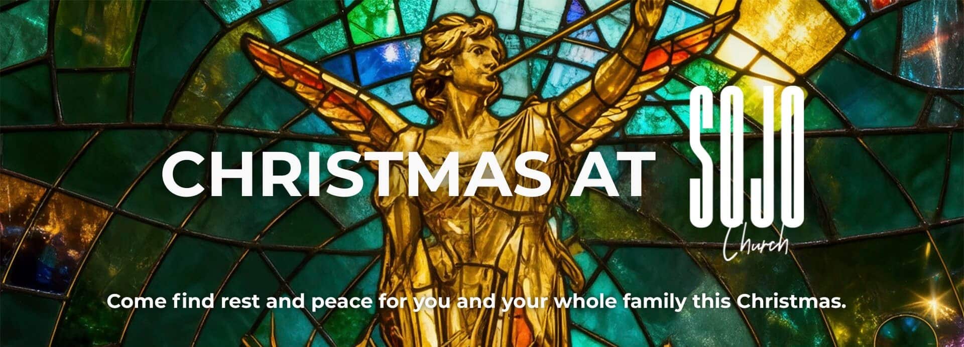 Christmas celebration at Sojo Church with stained glass art.