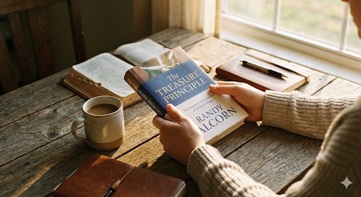 Person reading book with coffee on table